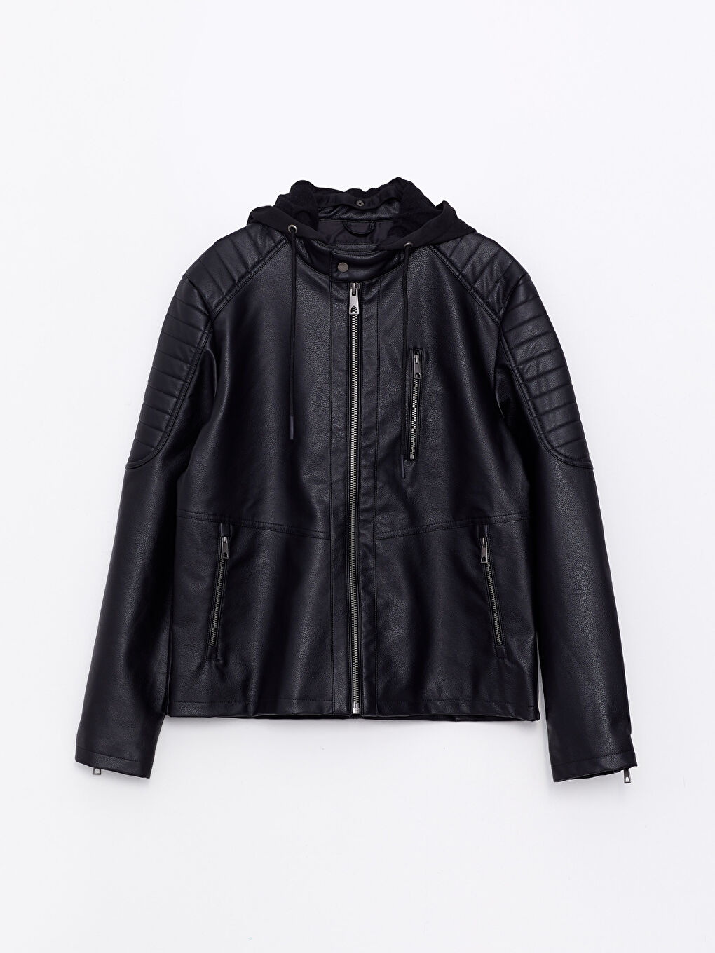 Siyah Standart Kalıp Kapüşonlu Erkek Deri Görünümlü Mont-6