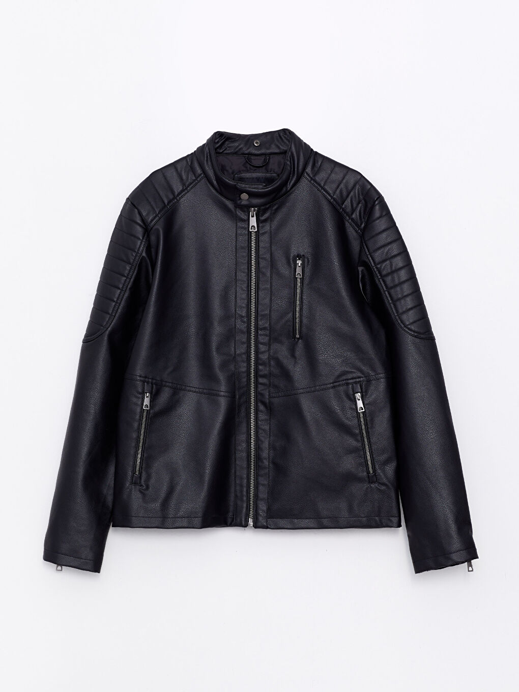 Siyah Standart Kalıp Kapüşonlu Erkek Deri Görünümlü Mont-7