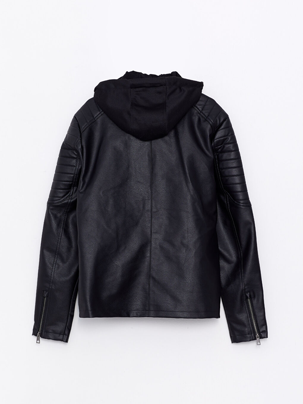 Siyah Standart Kalıp Kapüşonlu Erkek Deri Görünümlü Mont-8