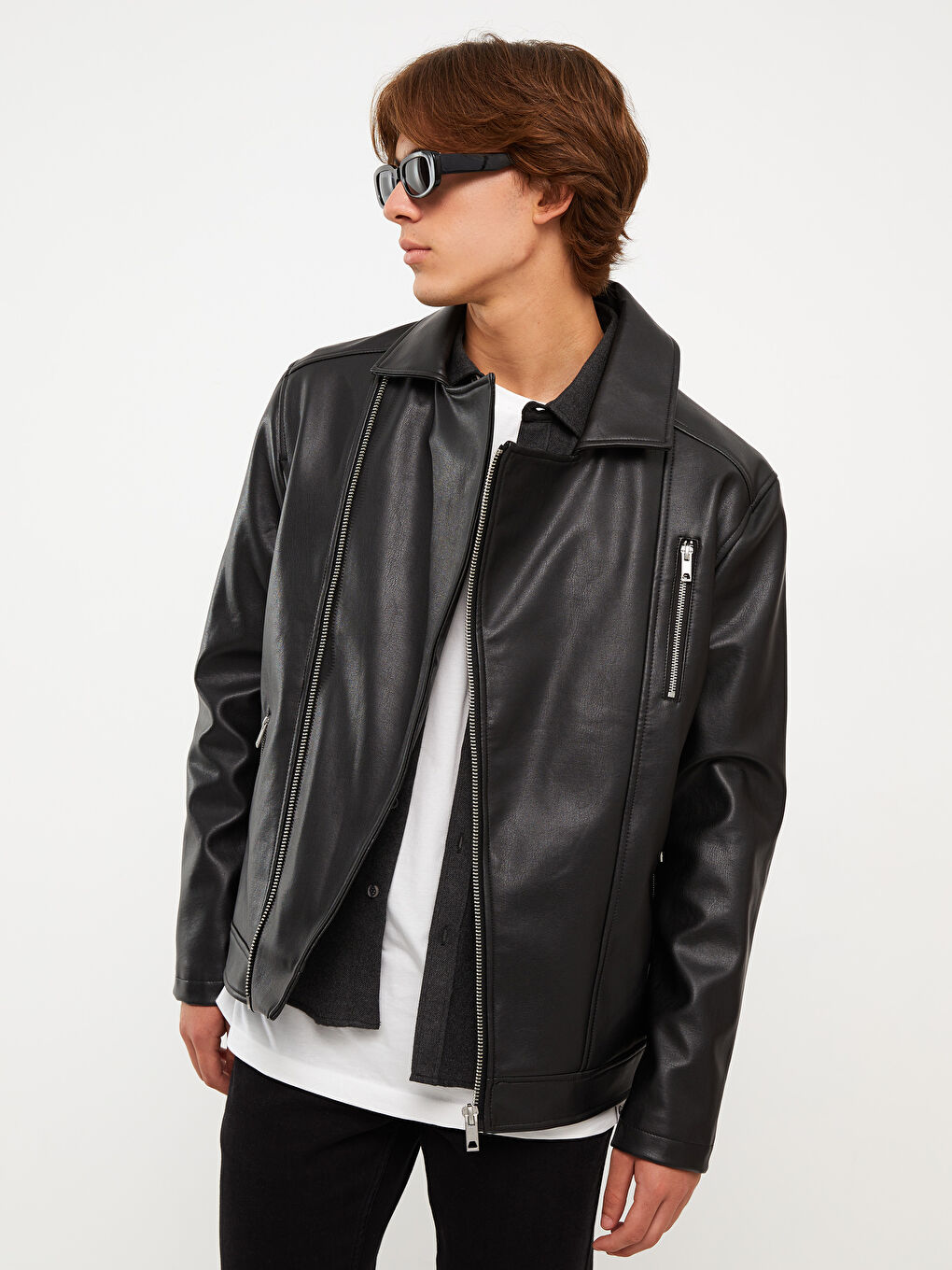 Siyah Slim Fit Gömlek Yaka Erkek Deri Görünümlü Mont-1