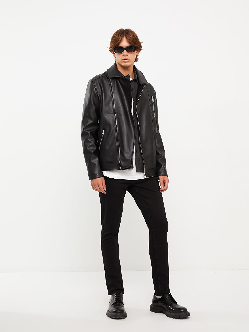 Siyah Slim Fit Gömlek Yaka Erkek Deri Görünümlü Mont-2