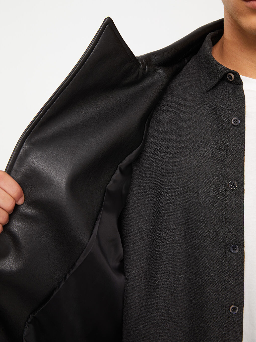 Siyah Slim Fit Gömlek Yaka Erkek Deri Görünümlü Mont-4