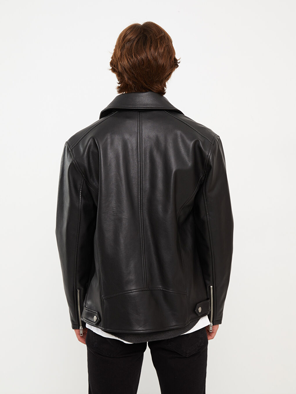 Siyah Slim Fit Gömlek Yaka Erkek Deri Görünümlü Mont-5