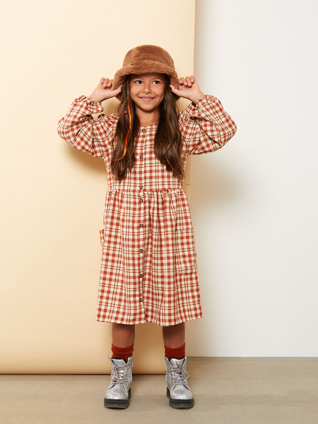 LCW Kids Rundhalsausschnitt Karo Langarm Mädchenkleid -W23908Z4-LLL
