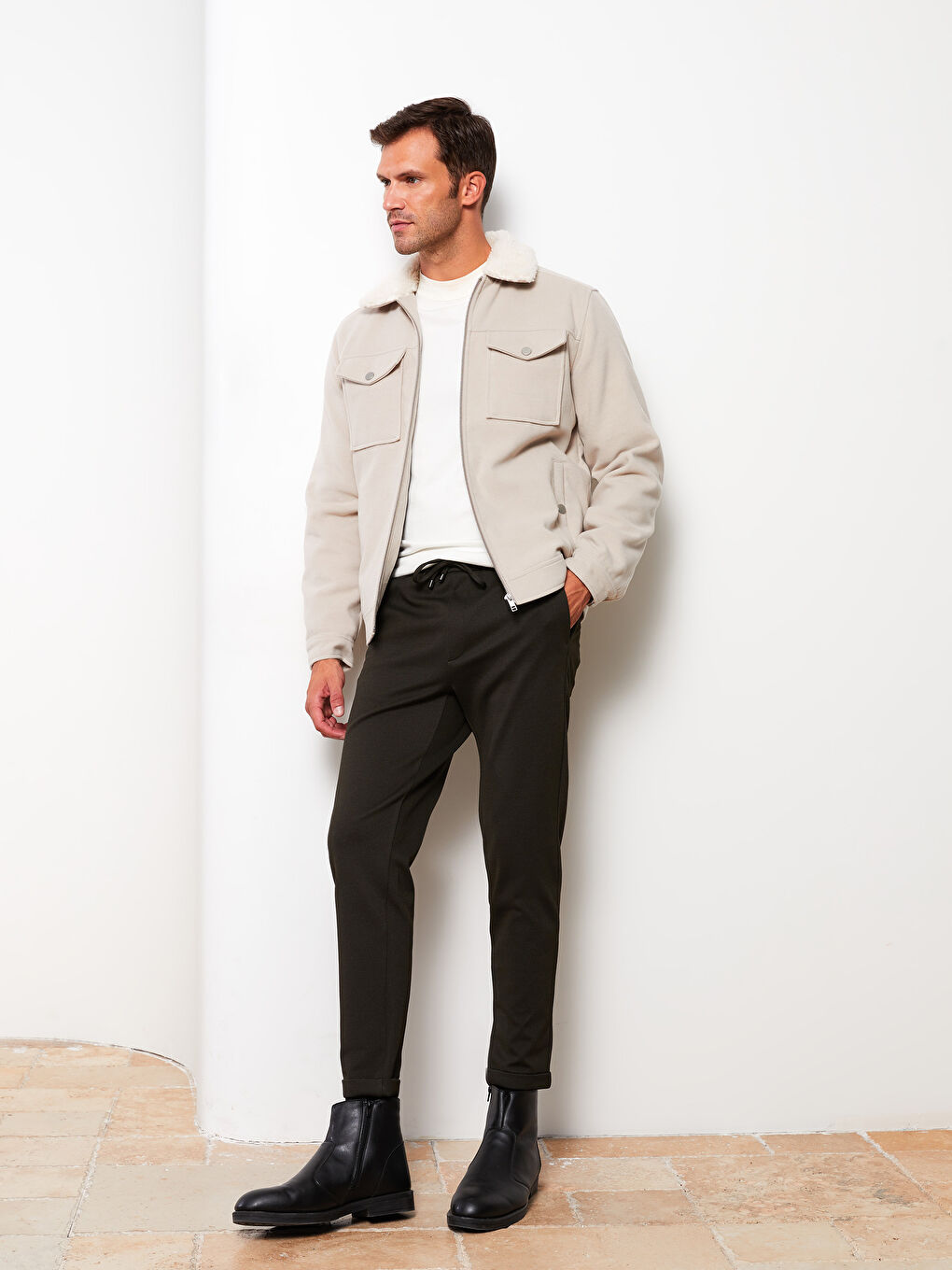 Haki Slim Fit Beli Bağlama Detaylı Erkek Pantolon