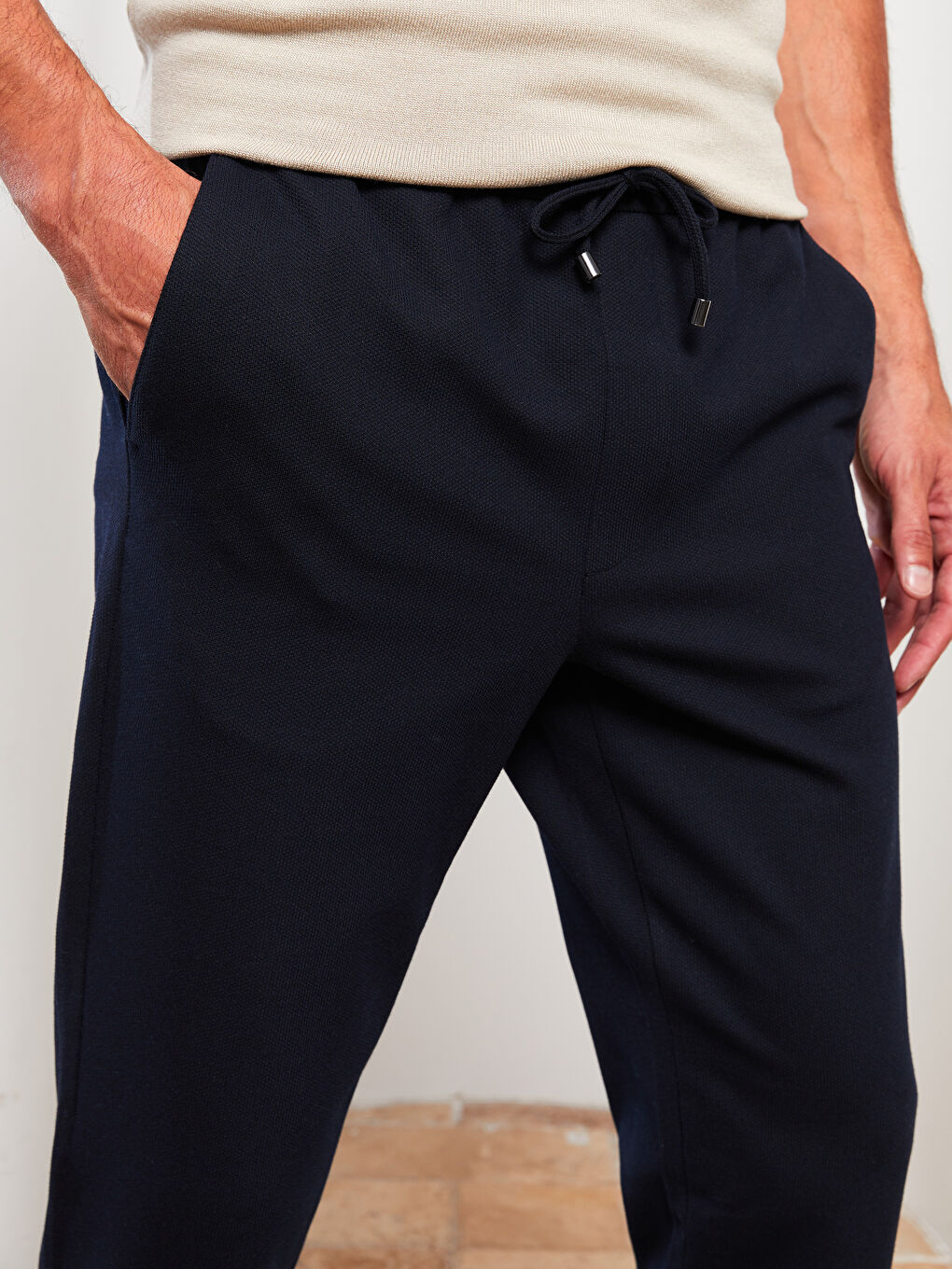 Lacivert Slim Fit Beli Bağlama Detaylı Erkek Pantolon-4