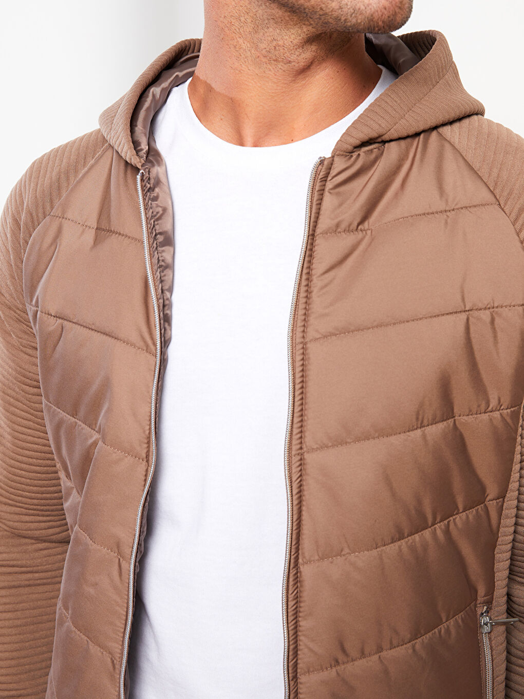 Bej Slim Fit Kapüşonlu Erkek Mont-2