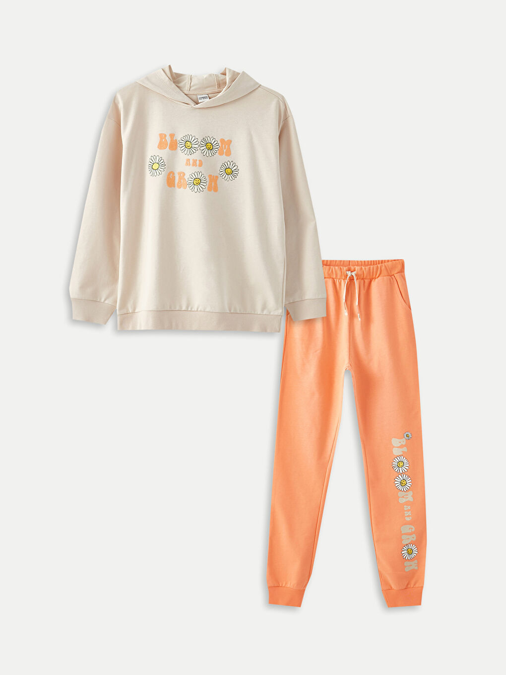 LCW Kids سويت شيرت بكابوش مطبوع كم طويل وبنطلون رياضي للبنات -W23970Z4-FVU