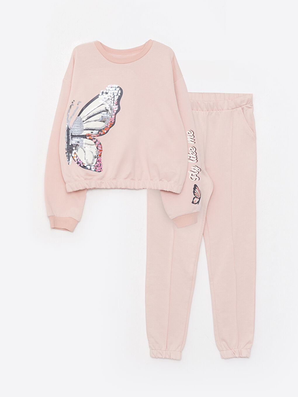 Pembe Bisiklet Yaka Baskılı Çift Yönlü Payetli Uzun Kollu Kız Çocuk Sweatshirt ve Eşofman Altı-1
