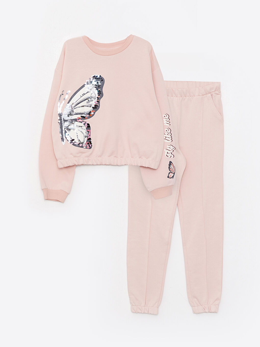 Pembe Bisiklet Yaka Baskılı Çift Yönlü Payetli Uzun Kollu Kız Çocuk Sweatshirt ve Eşofman Altı-2