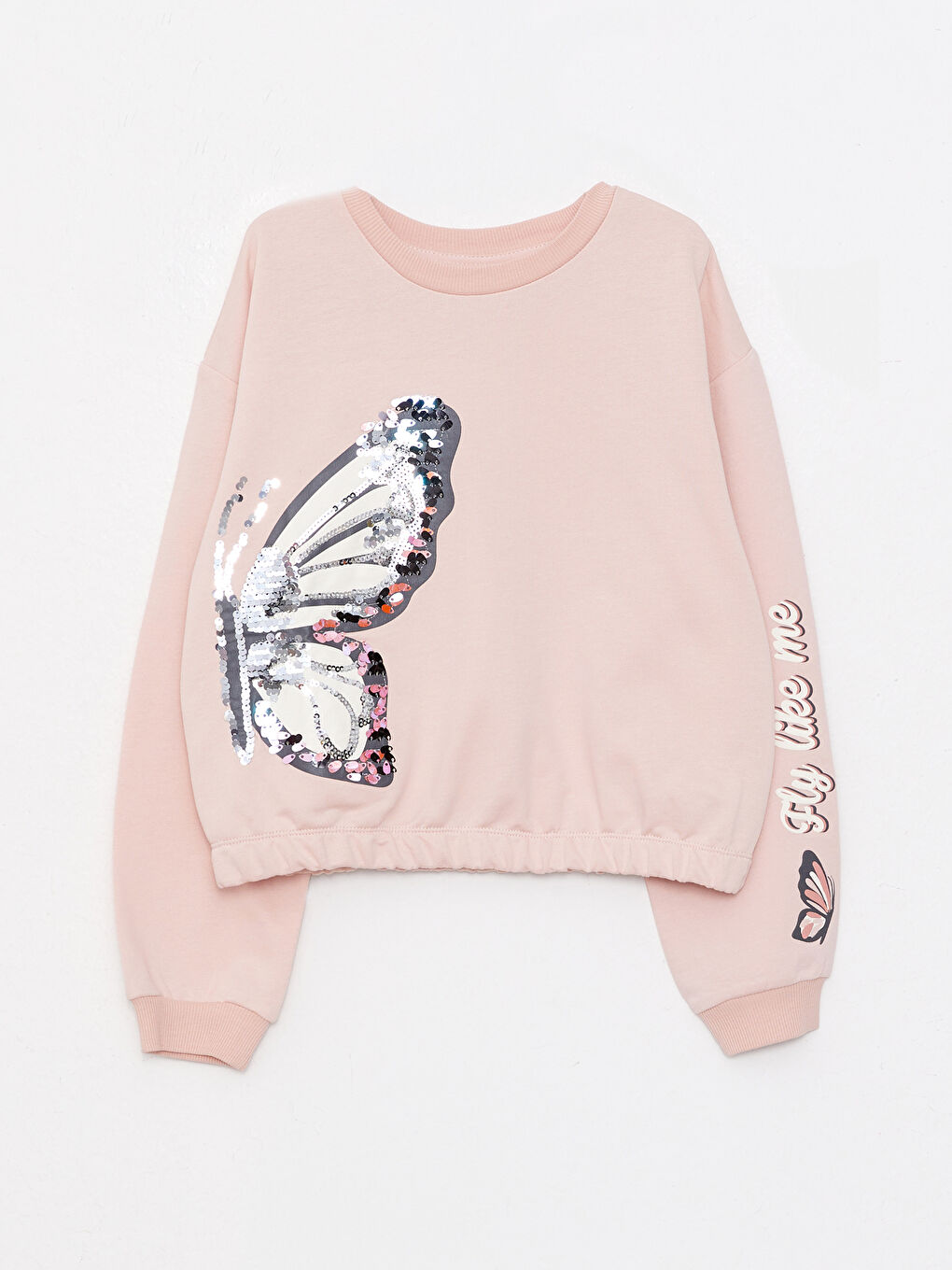 Pembe Bisiklet Yaka Baskılı Çift Yönlü Payetli Uzun Kollu Kız Çocuk Sweatshirt ve Eşofman Altı-4