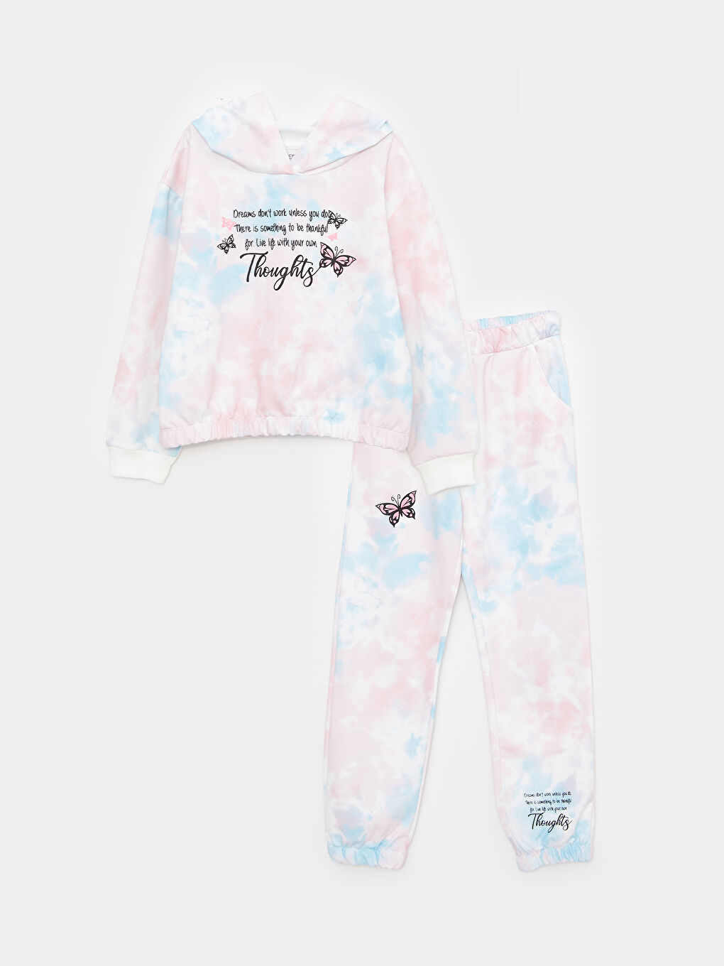 Karışık Kapüşonlu Baskılı Uzun Kollu Kız Çocuk Sweatshirt ve Eşofman Altı