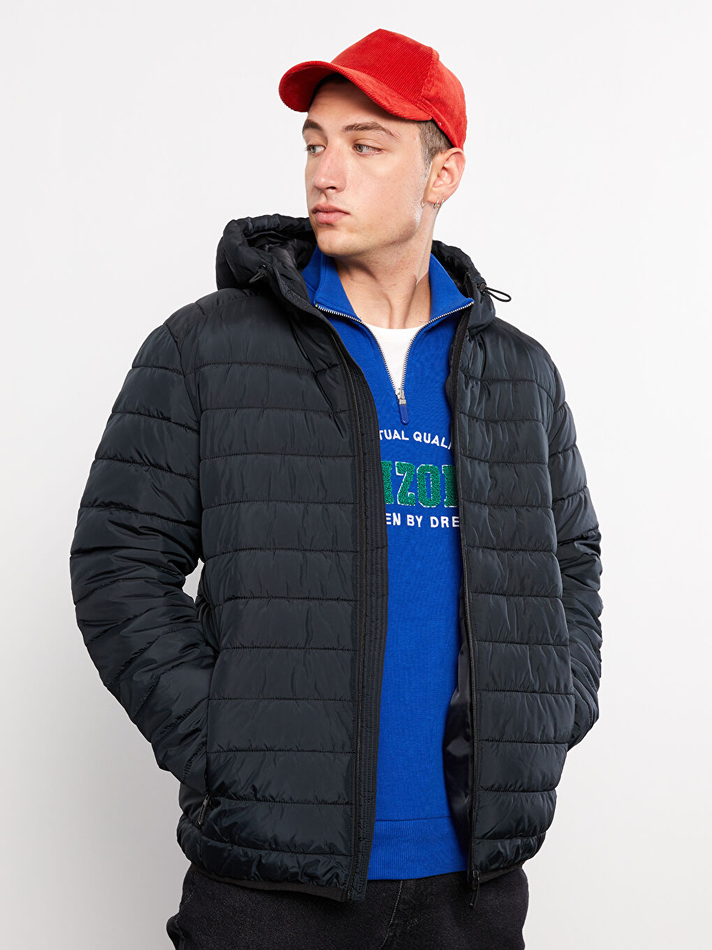 بالطو منتفخ بفتحة عادية بكابوش للرجال-2