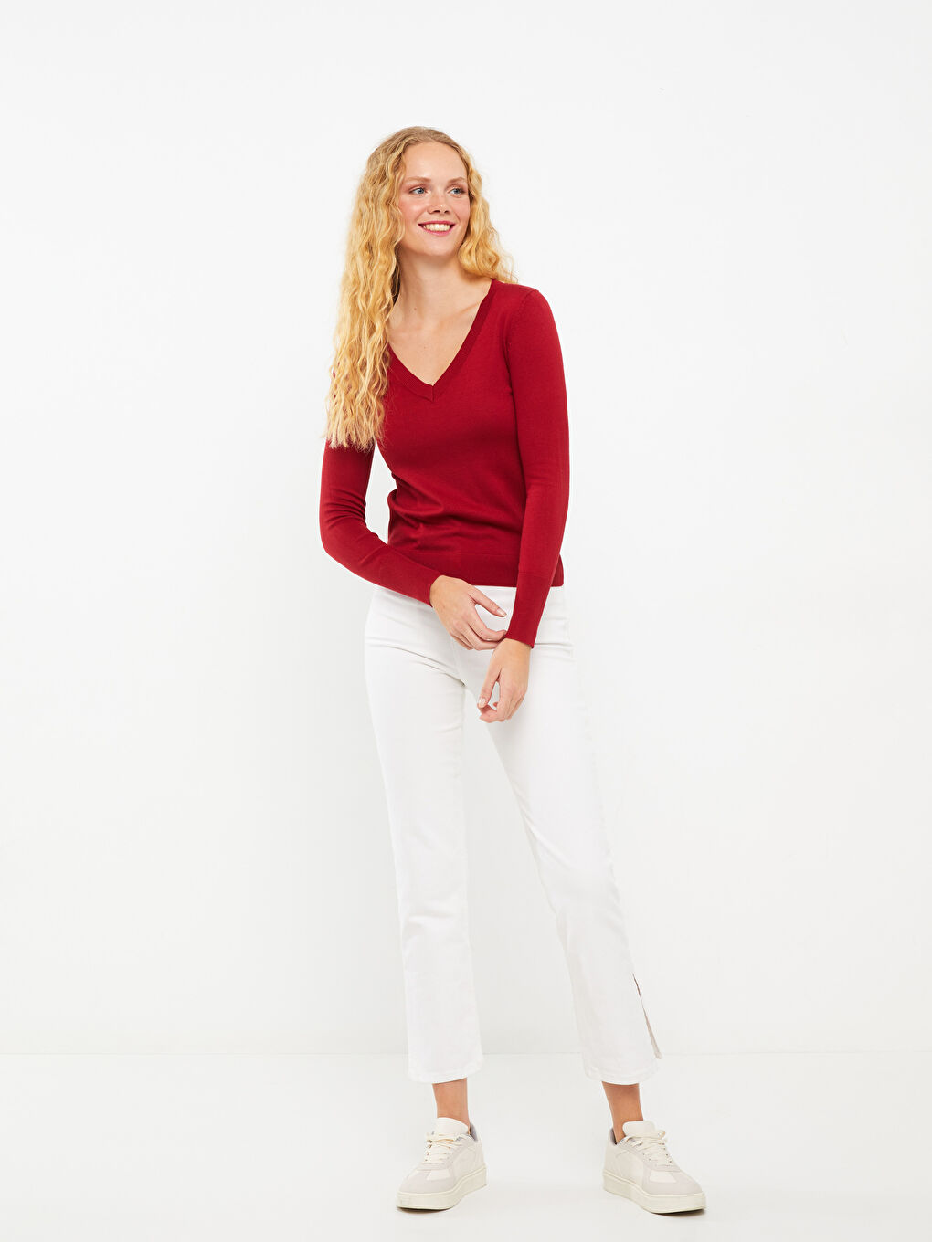 V Neck Plain Long Sleeve Women's Knitwear Sweater -W24074Z8-HQR