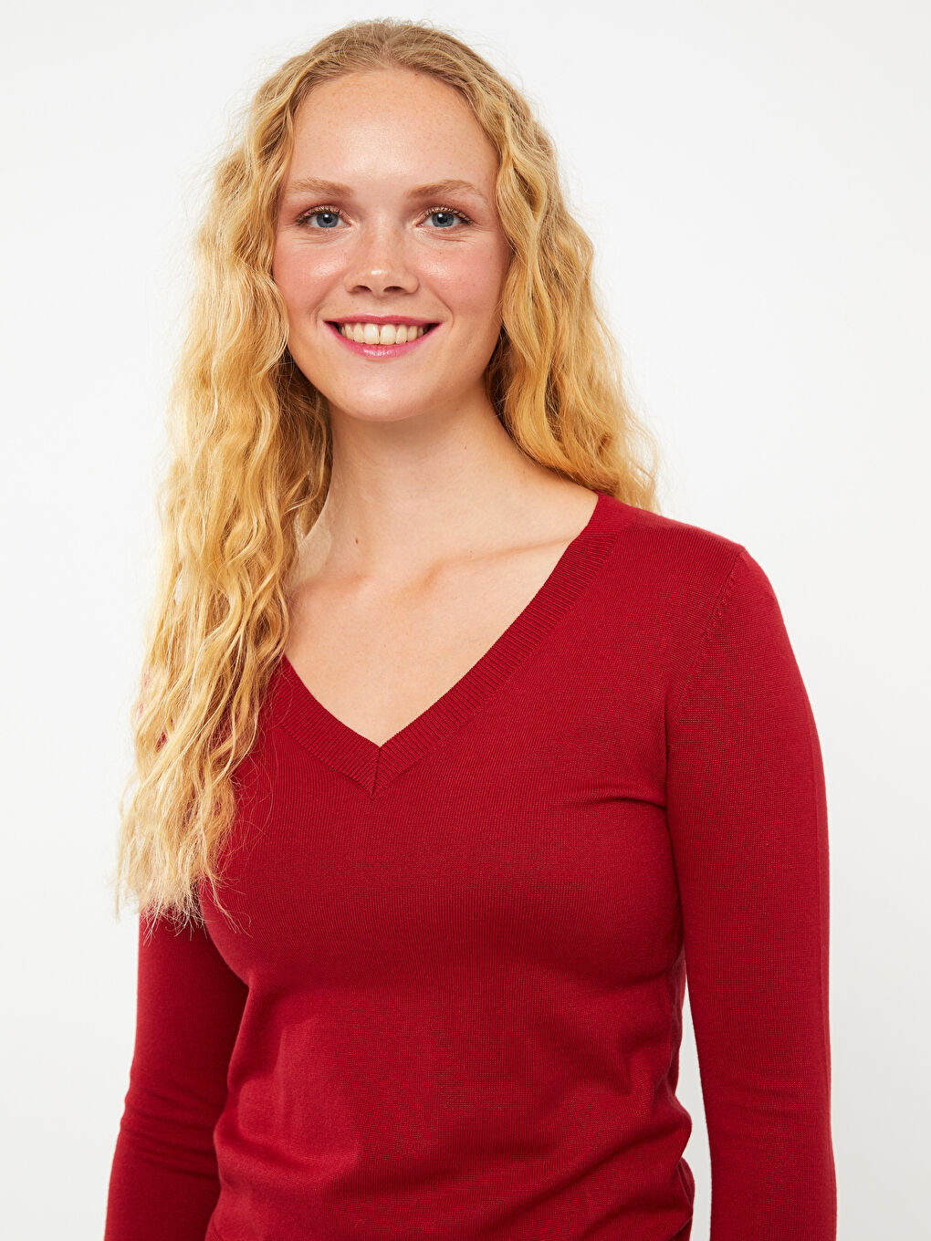 V Neck Plain Long Sleeve Women's Knitwear Sweater -W24074Z8-HQR