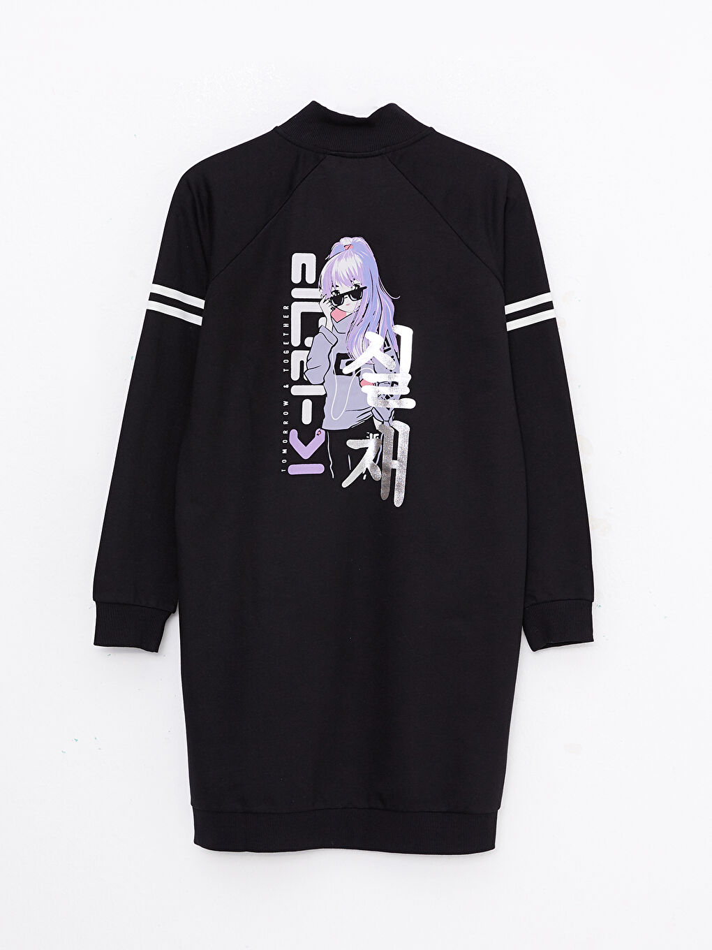 Siyah Dik Yaka K-Pop Baskılı Uzun Kollu Kız Çocuk Elbise ve Diz Altı Çorap-1