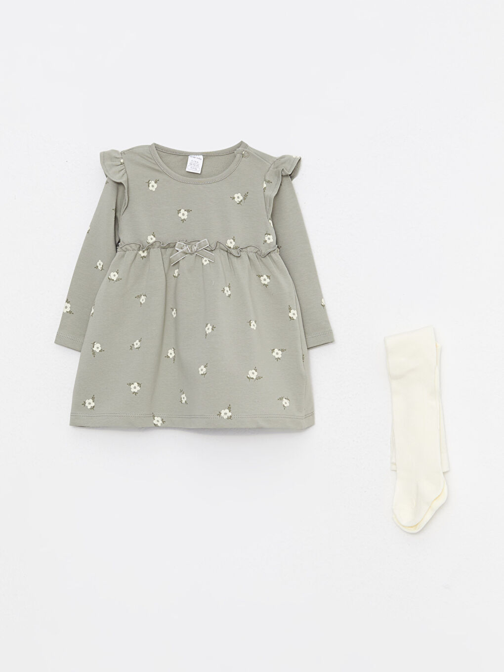 Yeşil Bisiklet Yaka Uzun Kollu Baskılı Kız Bebek Elbise ve Külotlu Çorap 2'li Takım