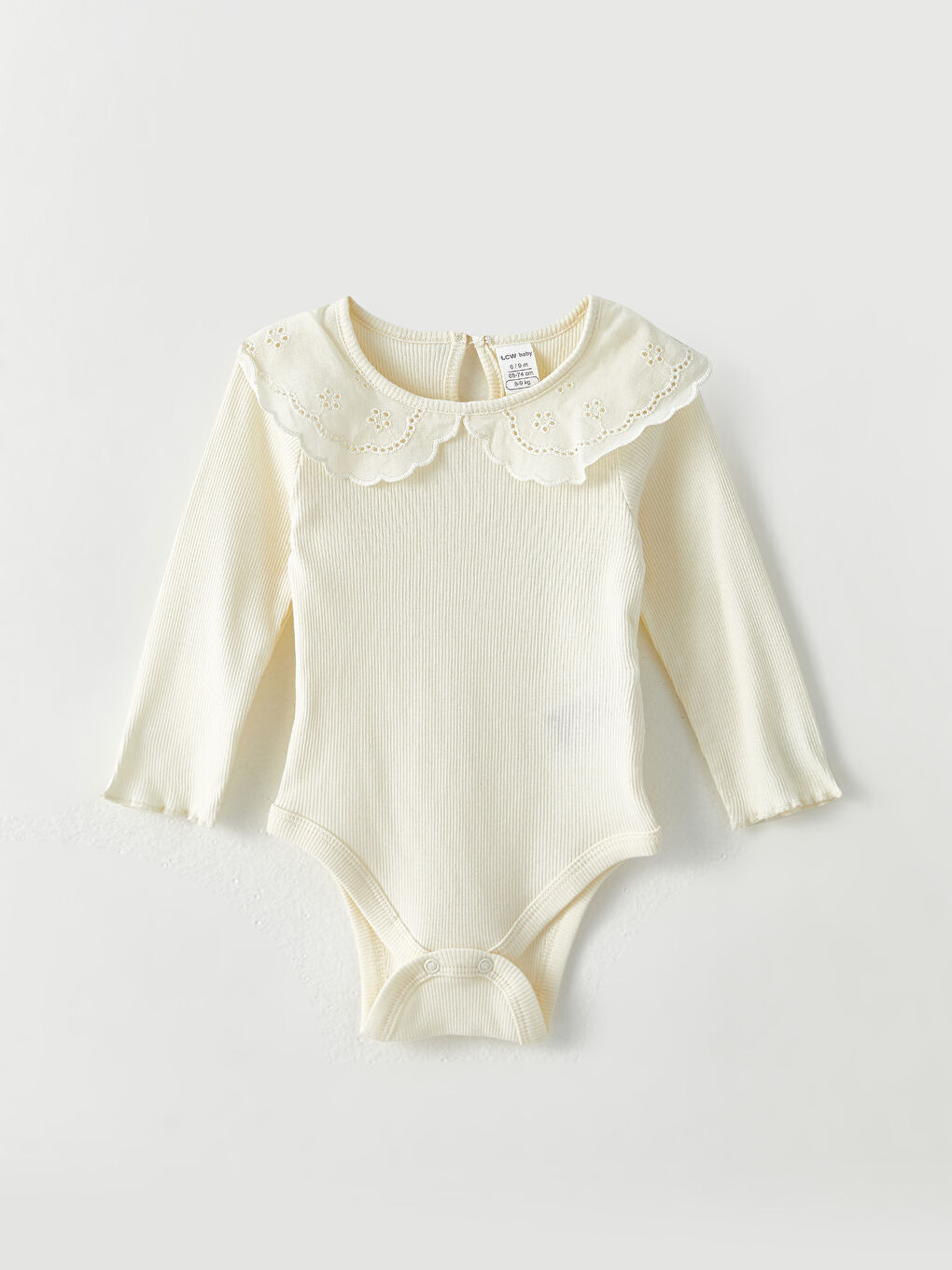Ekru Bebe Yaka Uzun Kollu Kız Bebek Çıtçıtlı Bodysuit