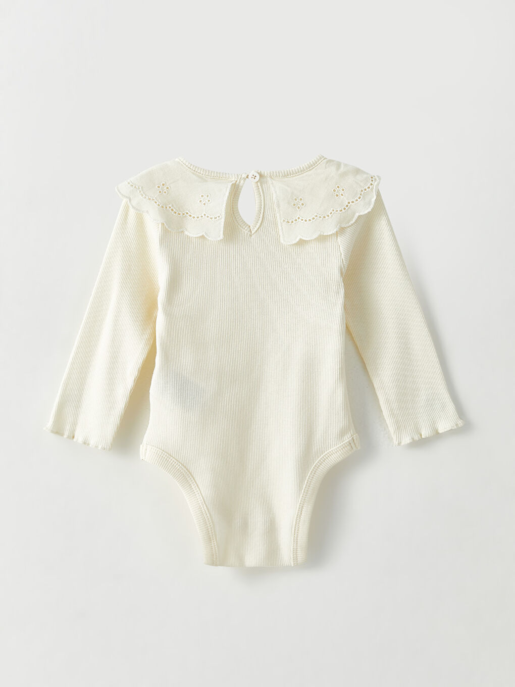 Ekru Bebe Yaka Uzun Kollu Kız Bebek Çıtçıtlı Bodysuit-1