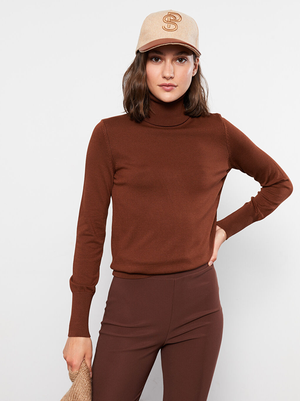 Kahverengi Balıkçı Yaka Düz Uzun Kollu Kadın Triko Kazak-2