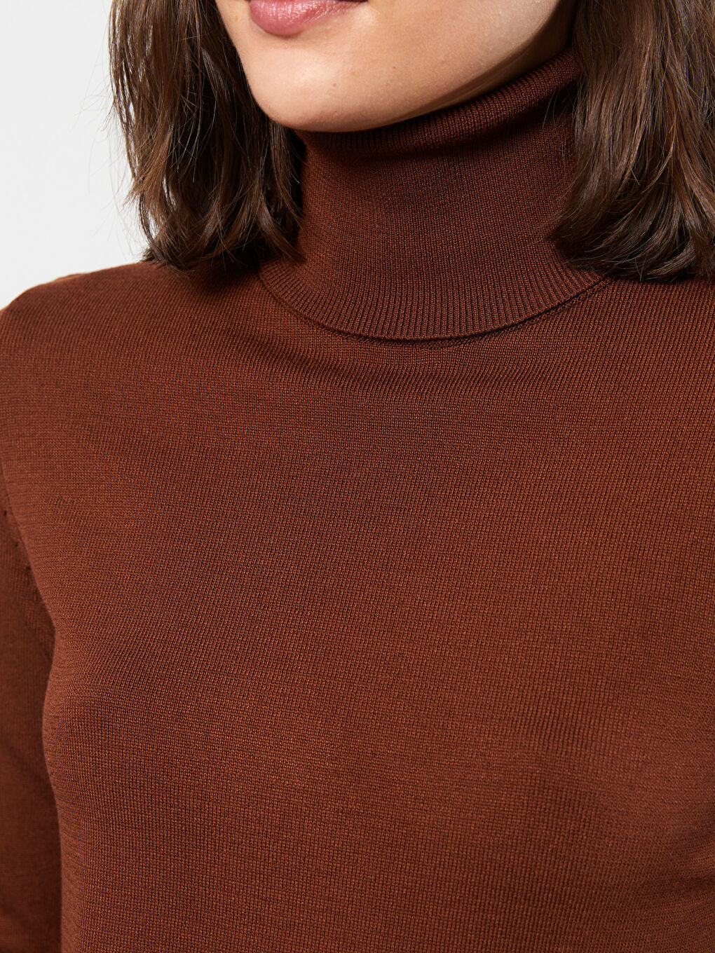 Kahverengi Balıkçı Yaka Düz Uzun Kollu Kadın Triko Kazak-3