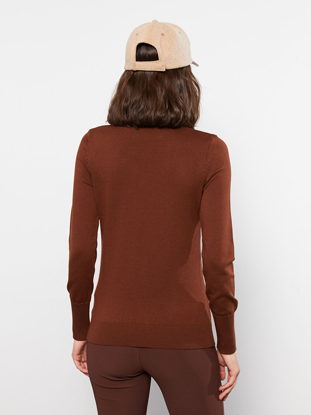 Kahverengi Balıkçı Yaka Düz Uzun Kollu Kadın Triko Kazak-4