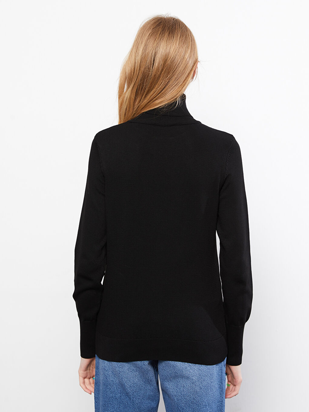 Siyah Balıkçı Yaka Düz Uzun Kollu Kadın Triko Kazak-3