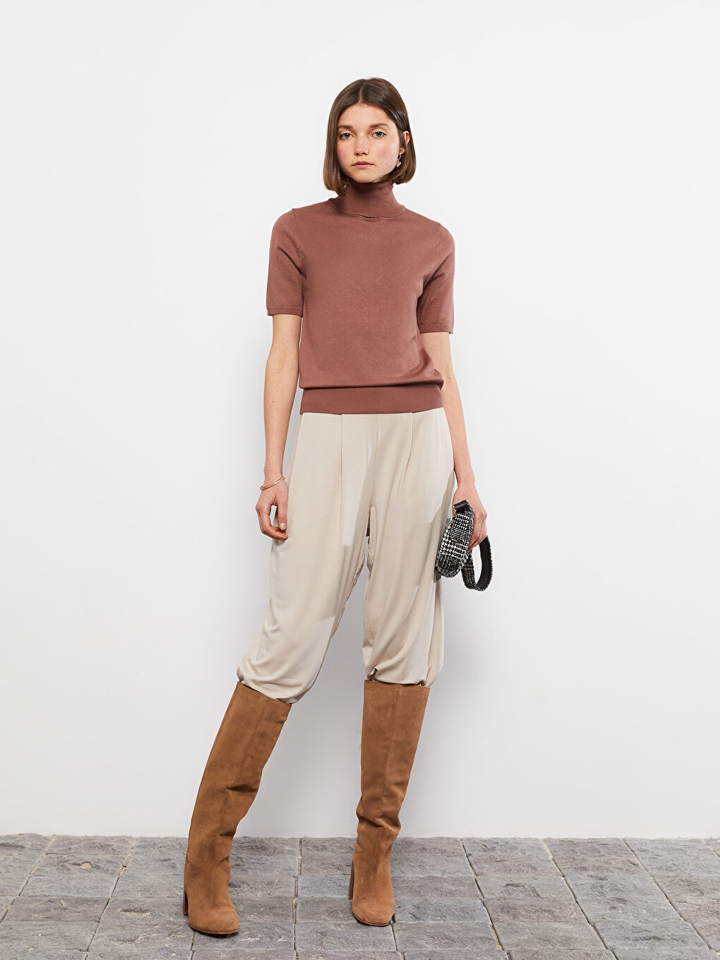Turtleneck Regular Short Sleeve Women's Tricot Sweater