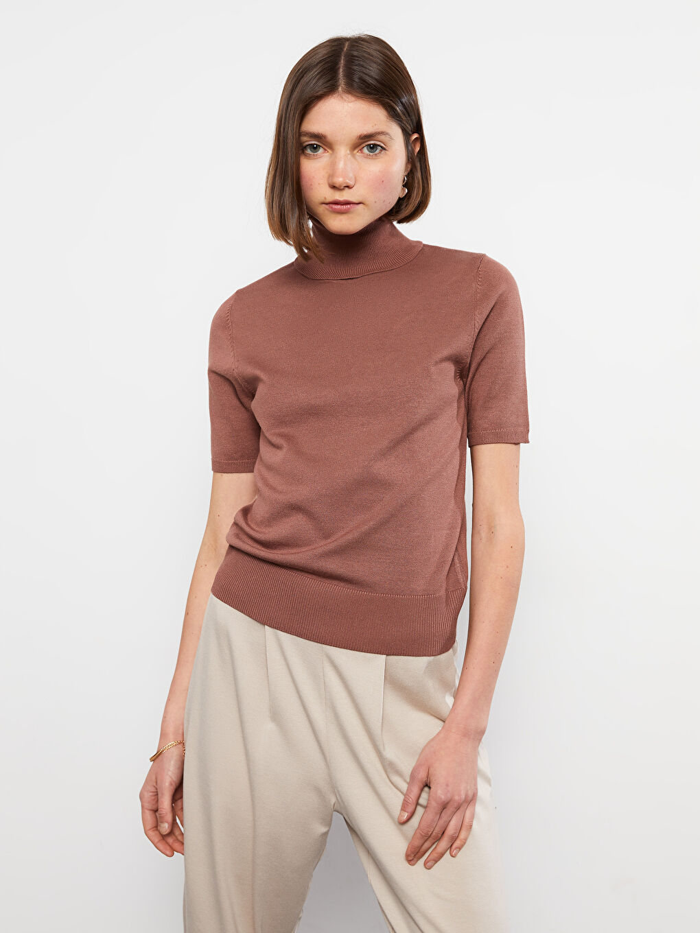 Turtleneck Regular Short Sleeve Women's Tricot Sweater-1