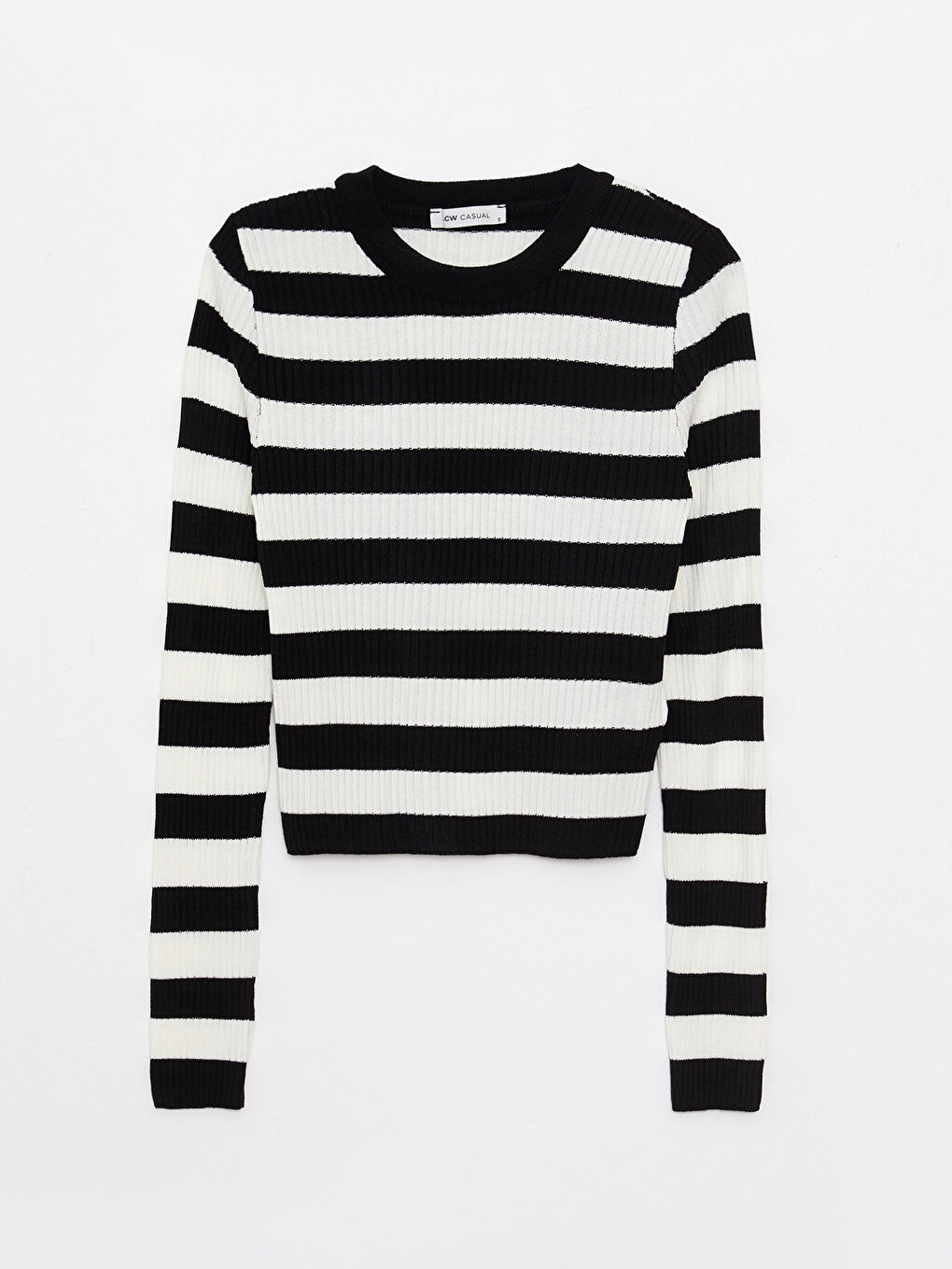 Ekru Bisiklet Yaka Çizgili Uzun Kollu Kadın Triko Kazak-5