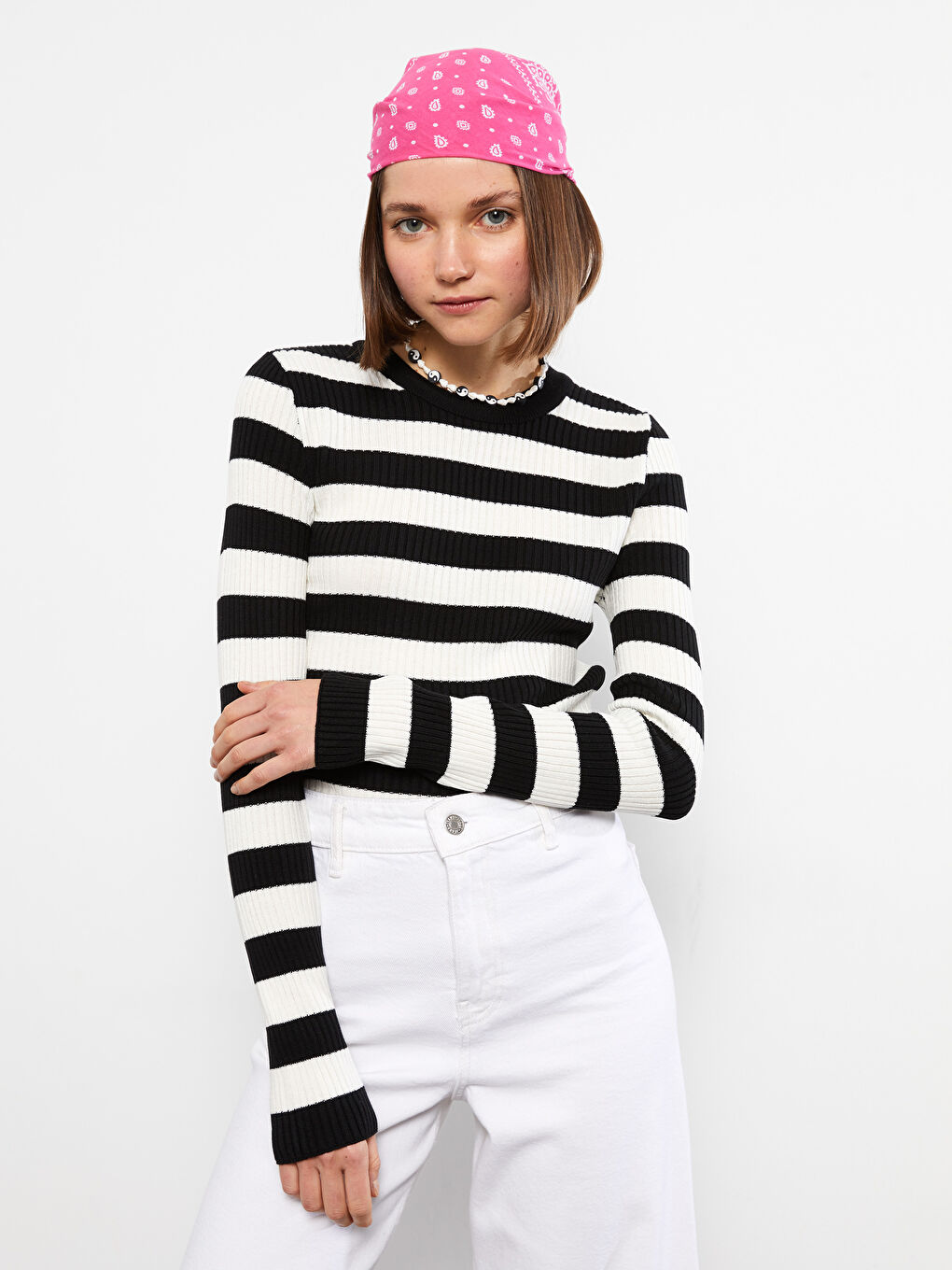 Ekru Bisiklet Yaka Çizgili Uzun Kollu Kadın Triko Kazak-1