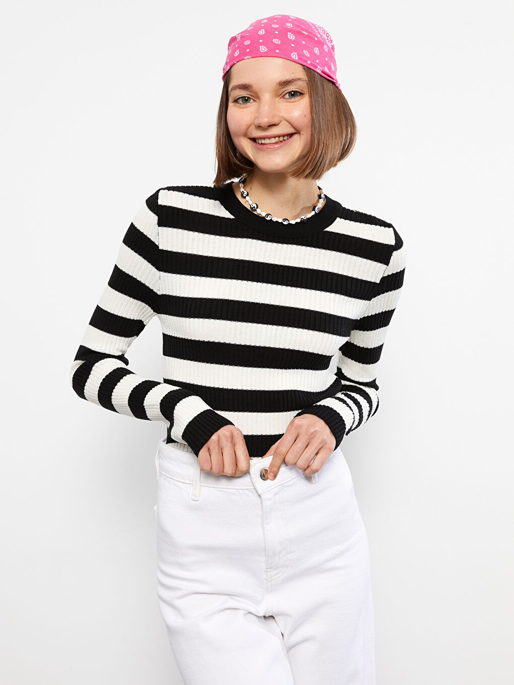 Ekru Bisiklet Yaka Çizgili Uzun Kollu Kadın Triko Kazak-2