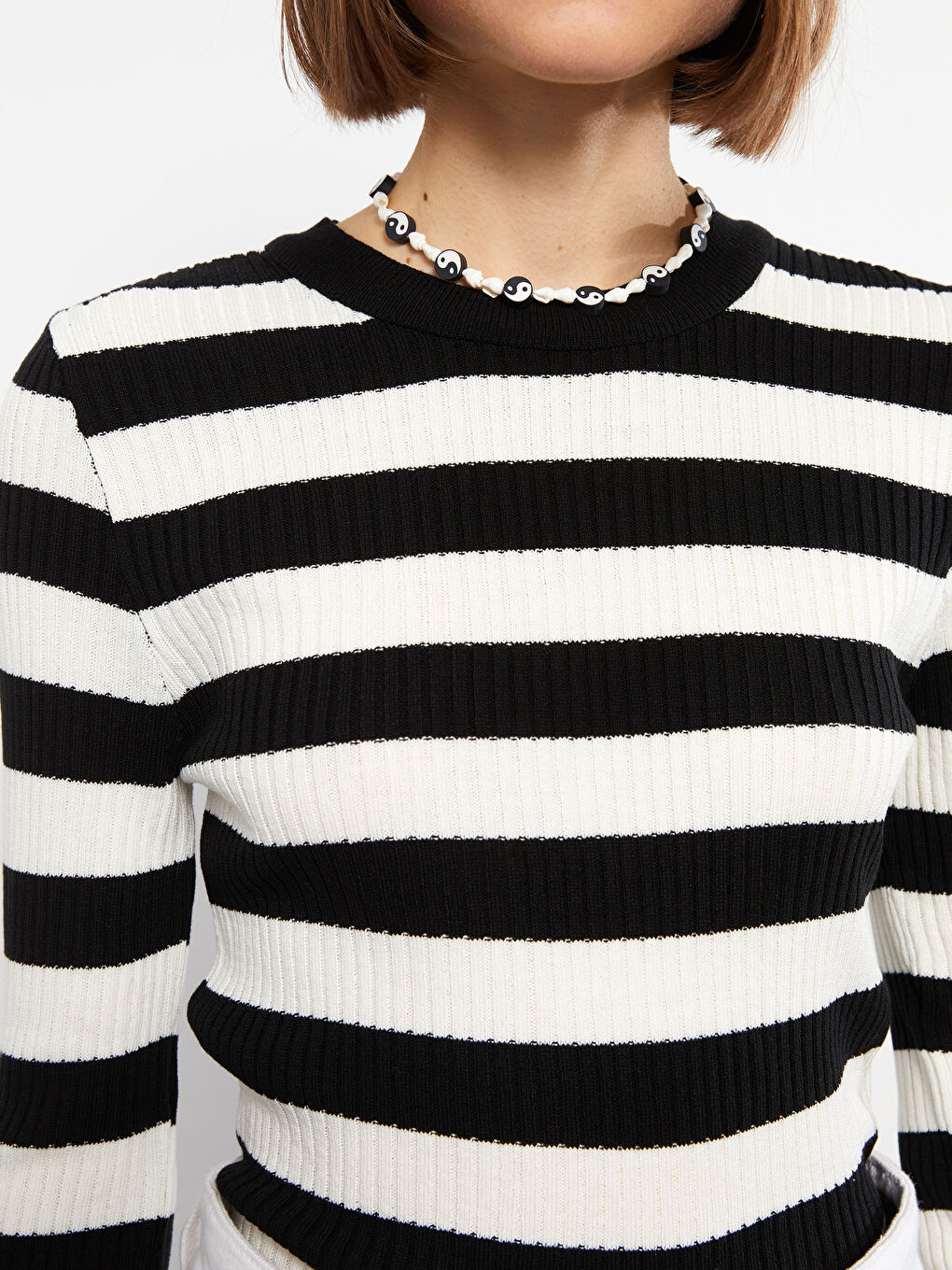 Ekru Bisiklet Yaka Çizgili Uzun Kollu Kadın Triko Kazak-3