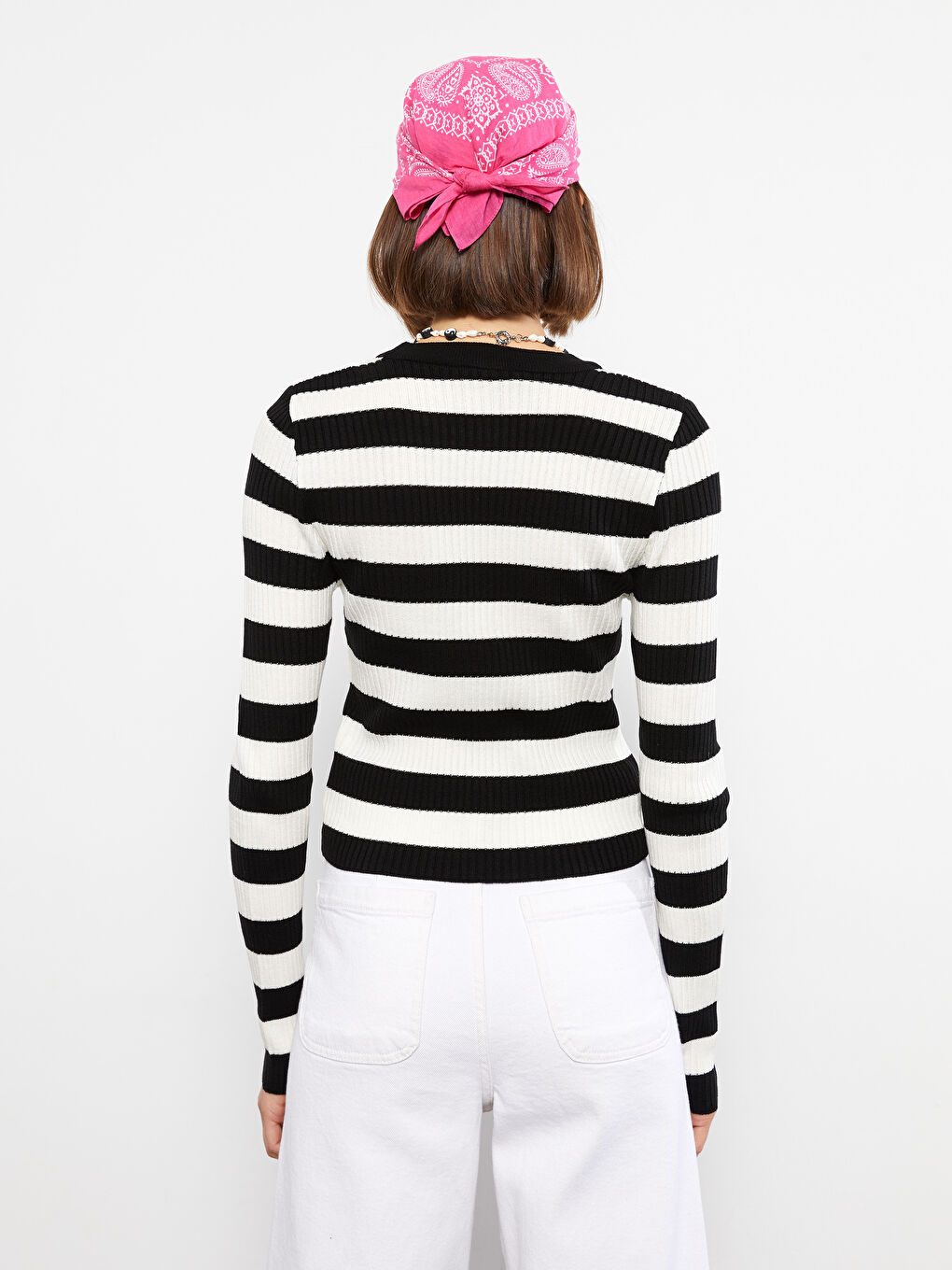 Ekru Bisiklet Yaka Çizgili Uzun Kollu Kadın Triko Kazak-4
