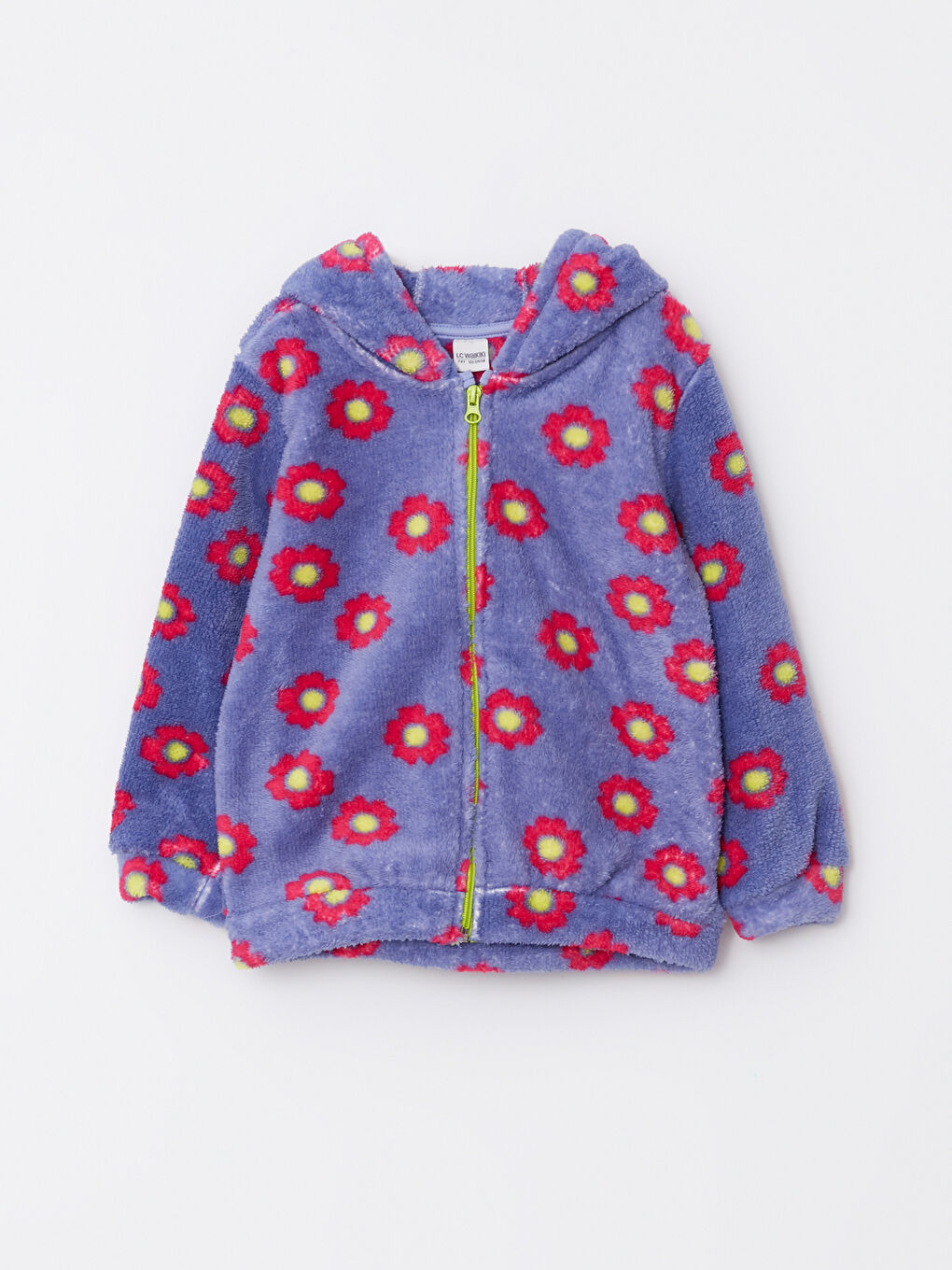 Pembe Kapüşonlu Desenli Uzun Kollu Pelüş Kız Çocuk Fermuarlı Sweatshirt