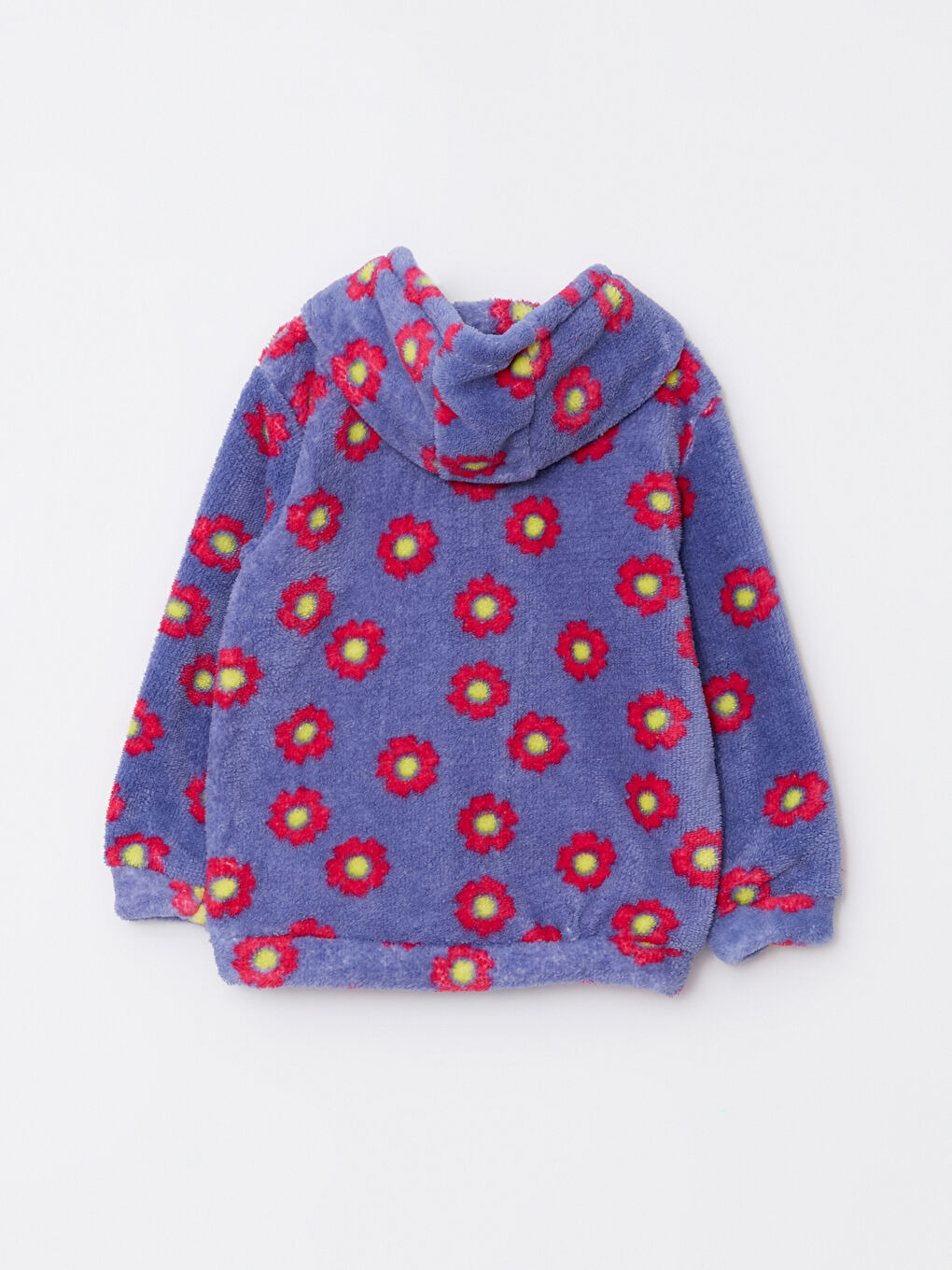 Pembe Kapüşonlu Desenli Uzun Kollu Pelüş Kız Çocuk Fermuarlı Sweatshirt-1