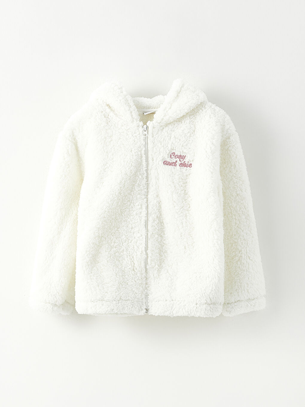 Ekru Kapüşonlu Nakışlı Uzun Kollu Pelüş Kız Çocuk Fermuarlı Sweatshirt-2
