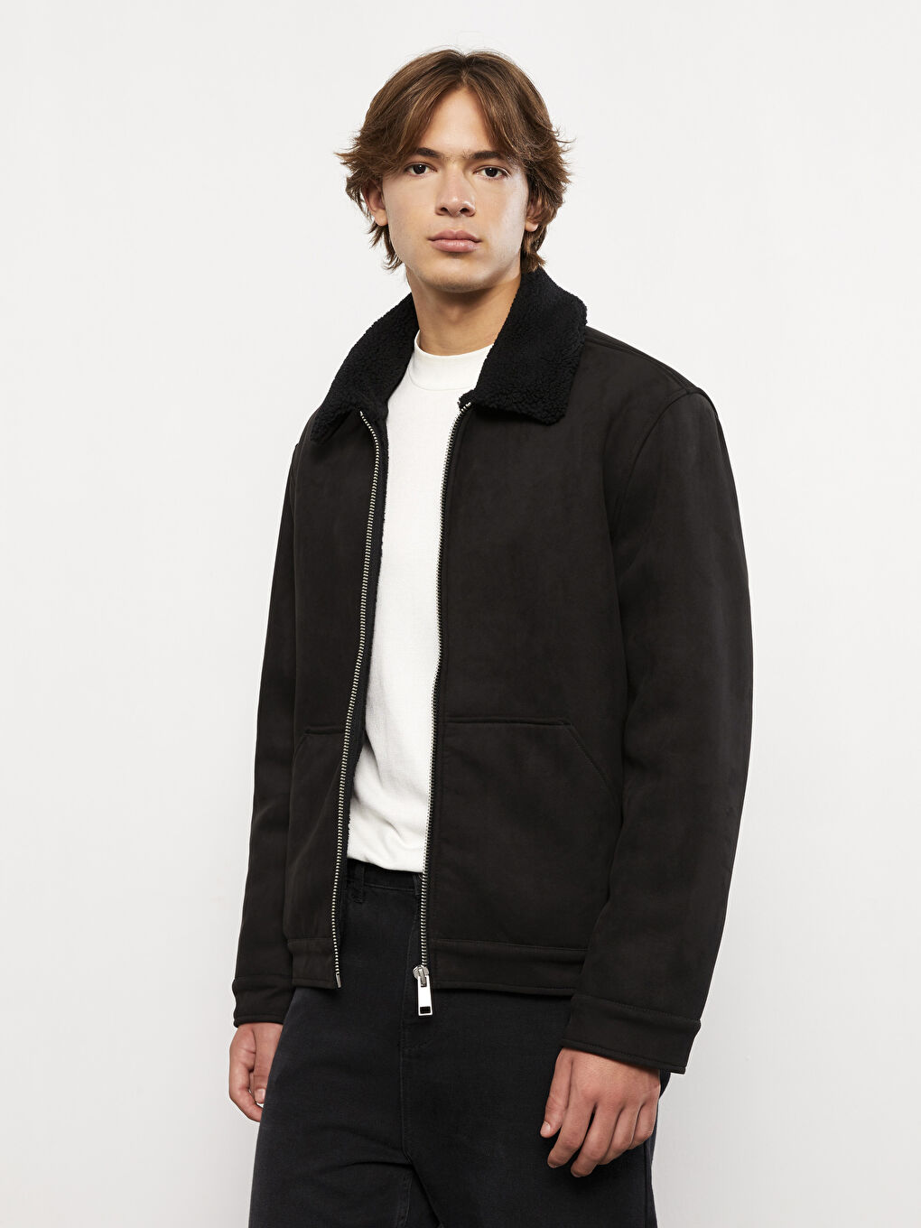 Siyah Standart Kalıp Kürk Yaka Erkek Mont-1