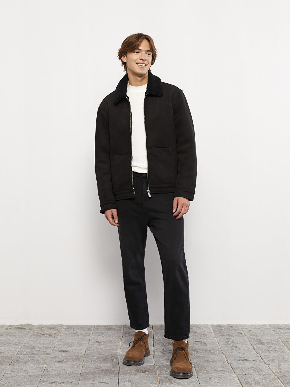 Siyah Standart Kalıp Kürk Yaka Erkek Mont-2