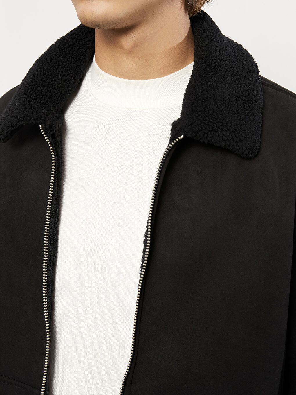 Siyah Standart Kalıp Kürk Yaka Erkek Mont-3