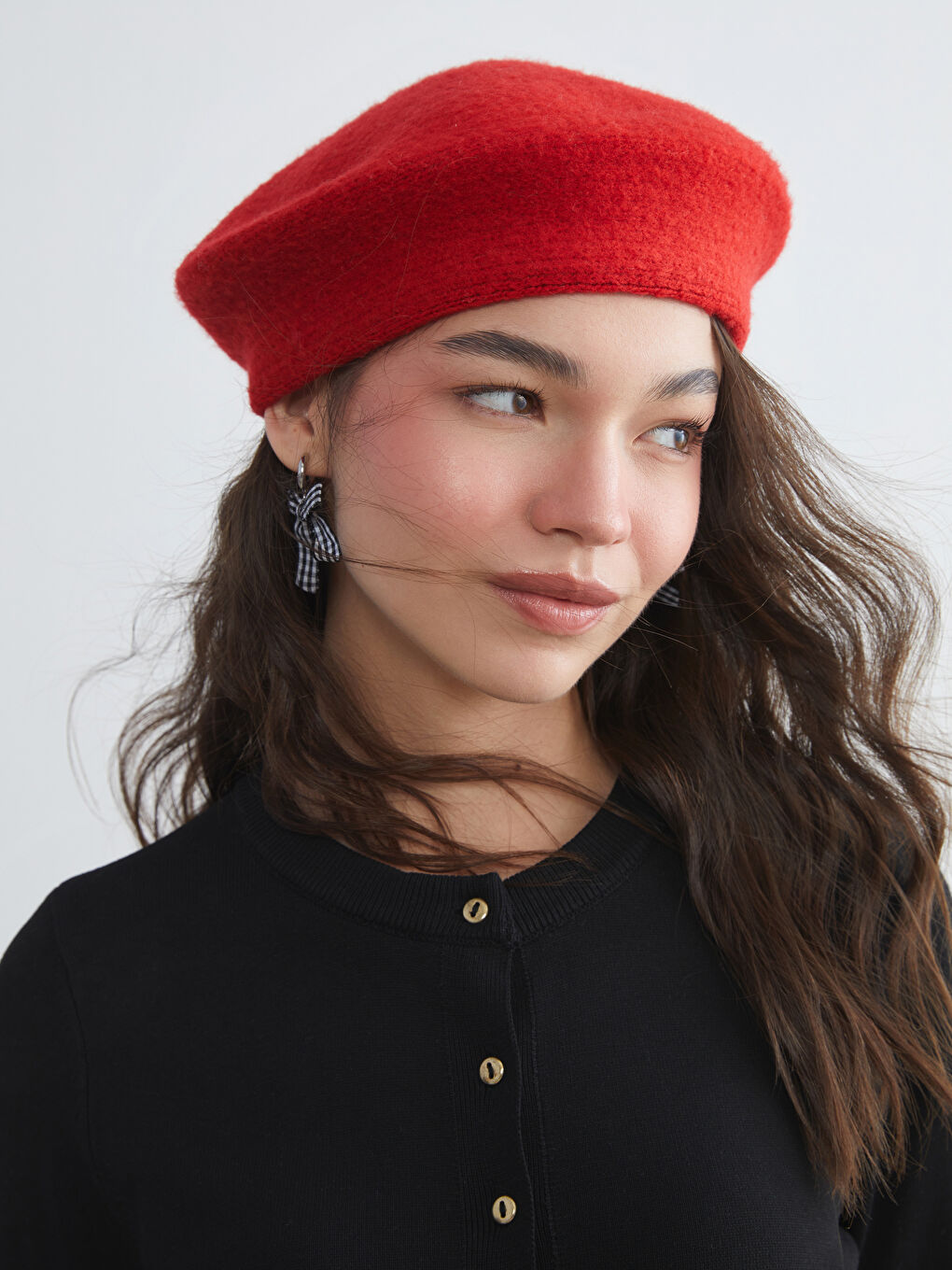 Kırmızı Kadın Düz Triko Ressam Bere