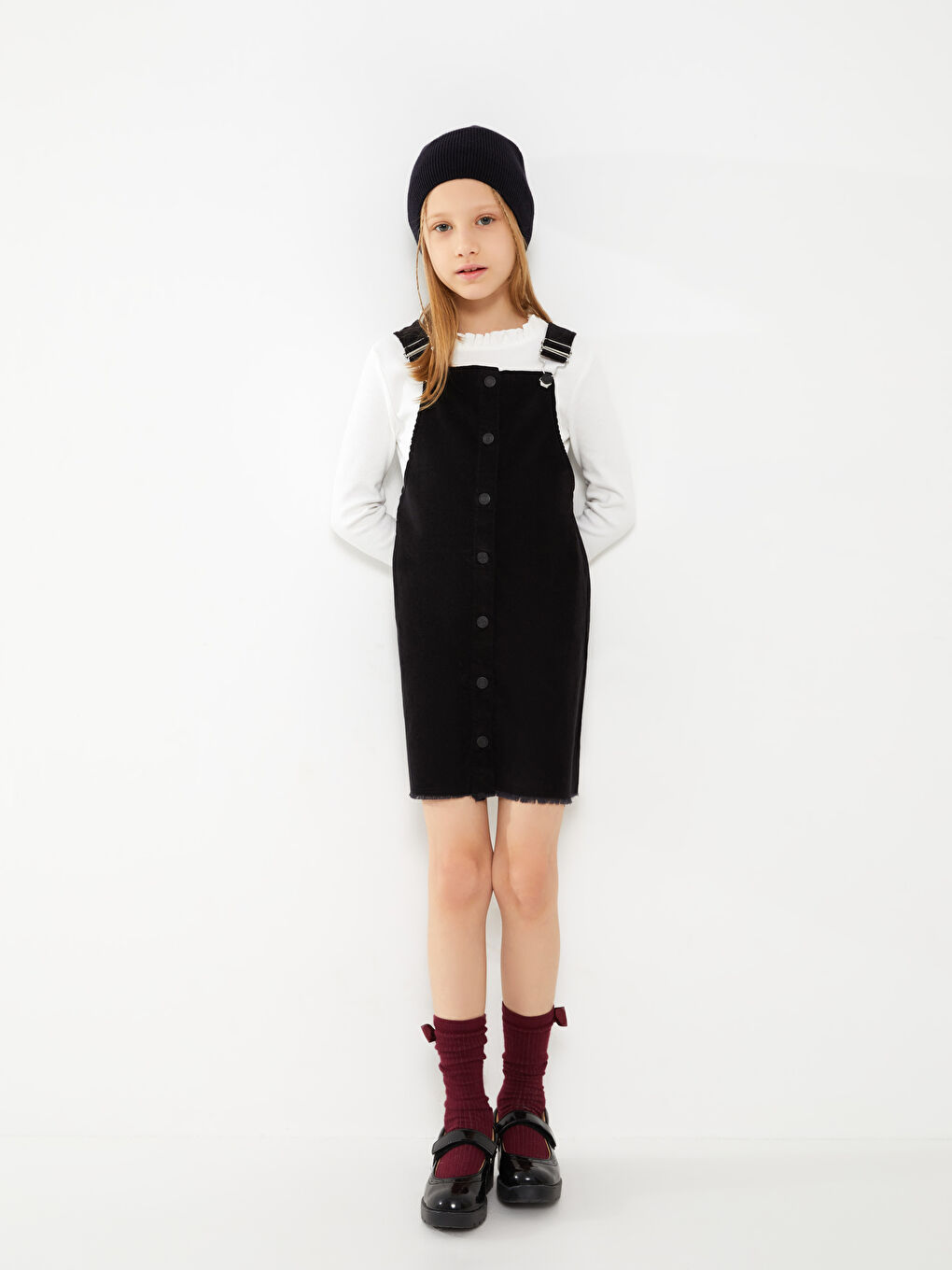 LCW Kids Square Neck Basic Strappy Girl Velvet Bib and Brace Dress -W24203Z4-CVL