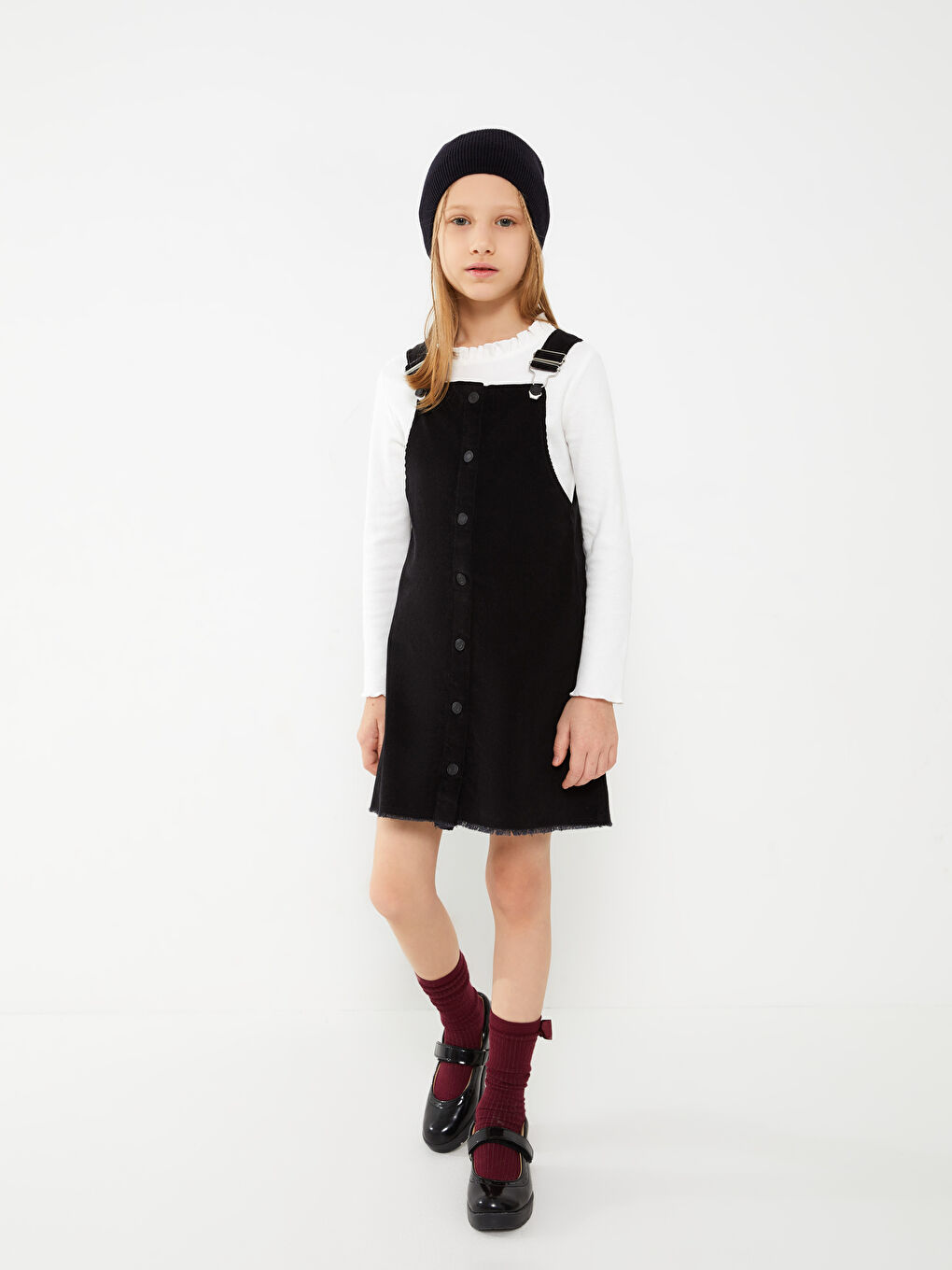LCW Kids Square Neck Basic Strappy Girl Velvet Bib and Brace Dress -W24203Z4-CVL