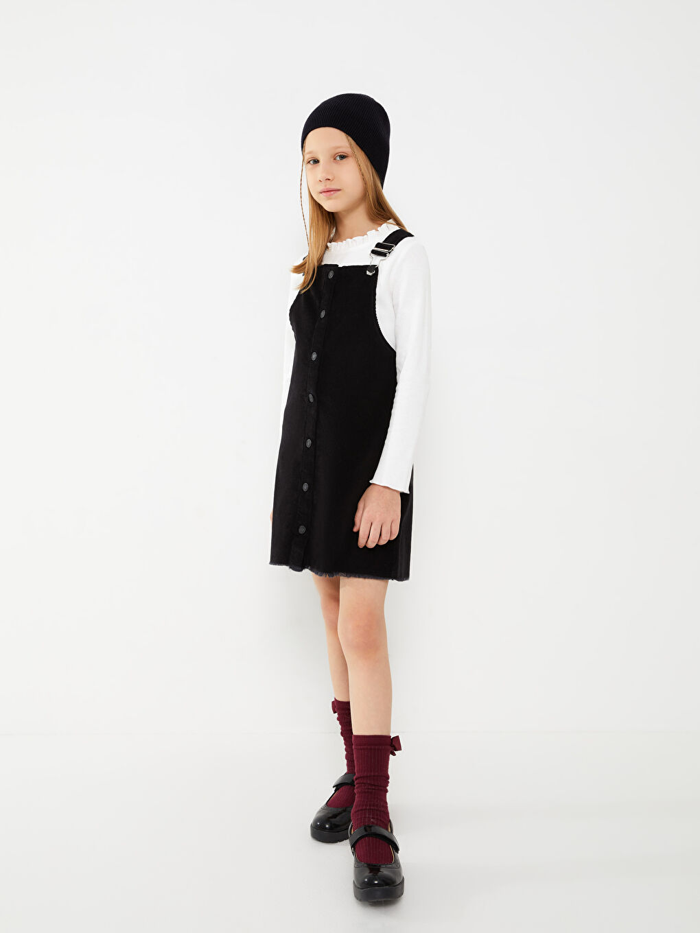 LCW Kids Square Neck Basic Strappy Girl Velvet Bib and Brace Dress -W24203Z4-CVL