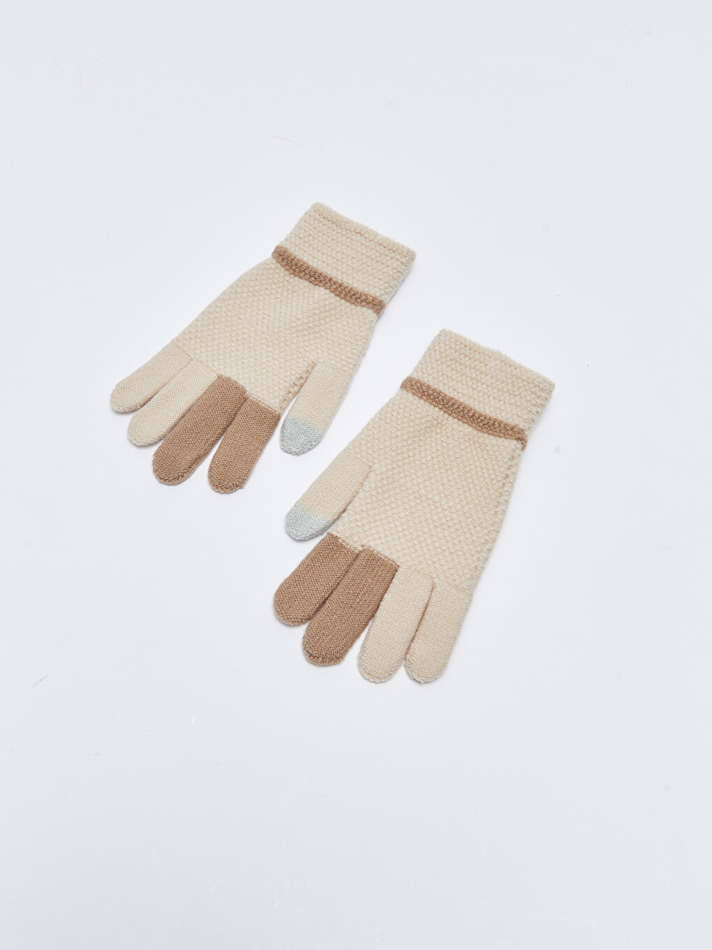 Ekru Renk Bloklu Jakarlı Kadın Triko Eldiven-3