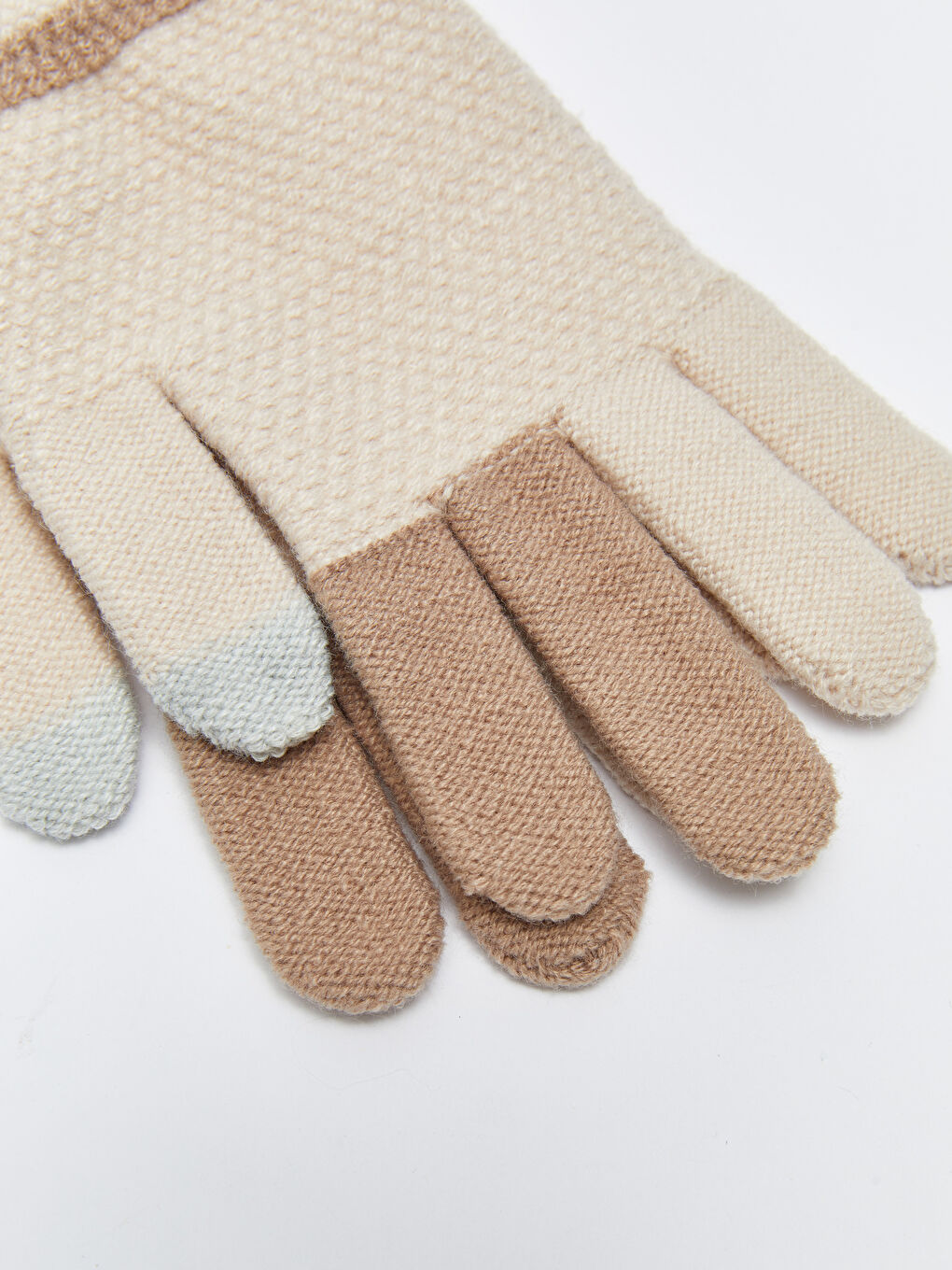 Ekru Renk Bloklu Jakarlı Kadın Triko Eldiven-4