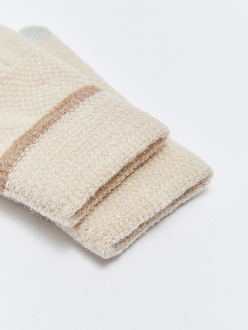 Ekru Renk Bloklu Jakarlı Kadın Triko Eldiven-5