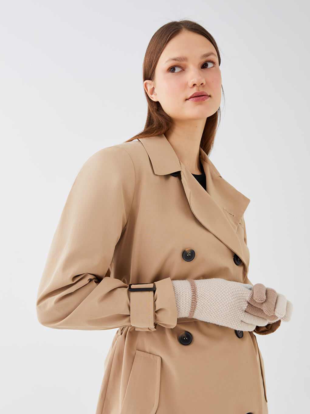 Ekru Renk Bloklu Jakarlı Kadın Triko Eldiven