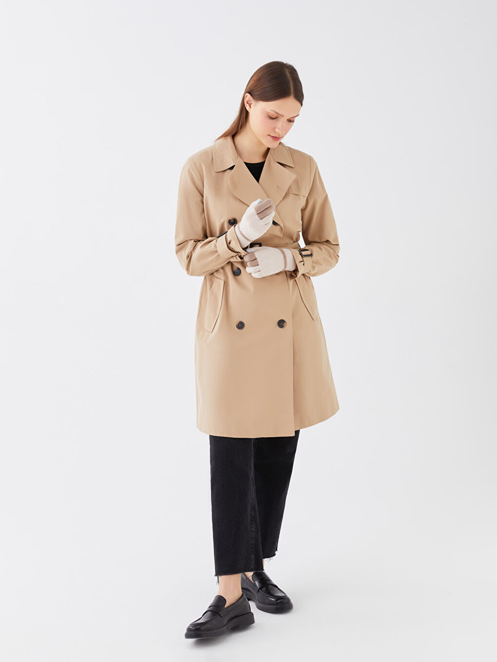 Ekru Renk Bloklu Jakarlı Kadın Triko Eldiven-2