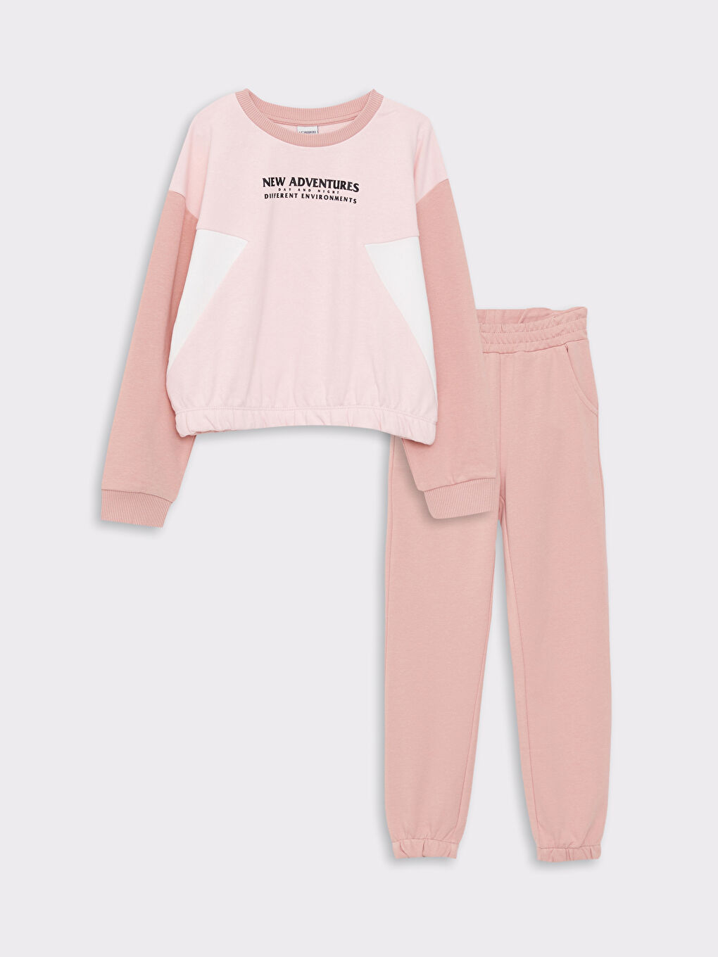 LCW Kids Pembe Bisiklet Yaka Baskılı Uzun Kollu Kız Çocuk Sweatshirt ve Eşofman Altı